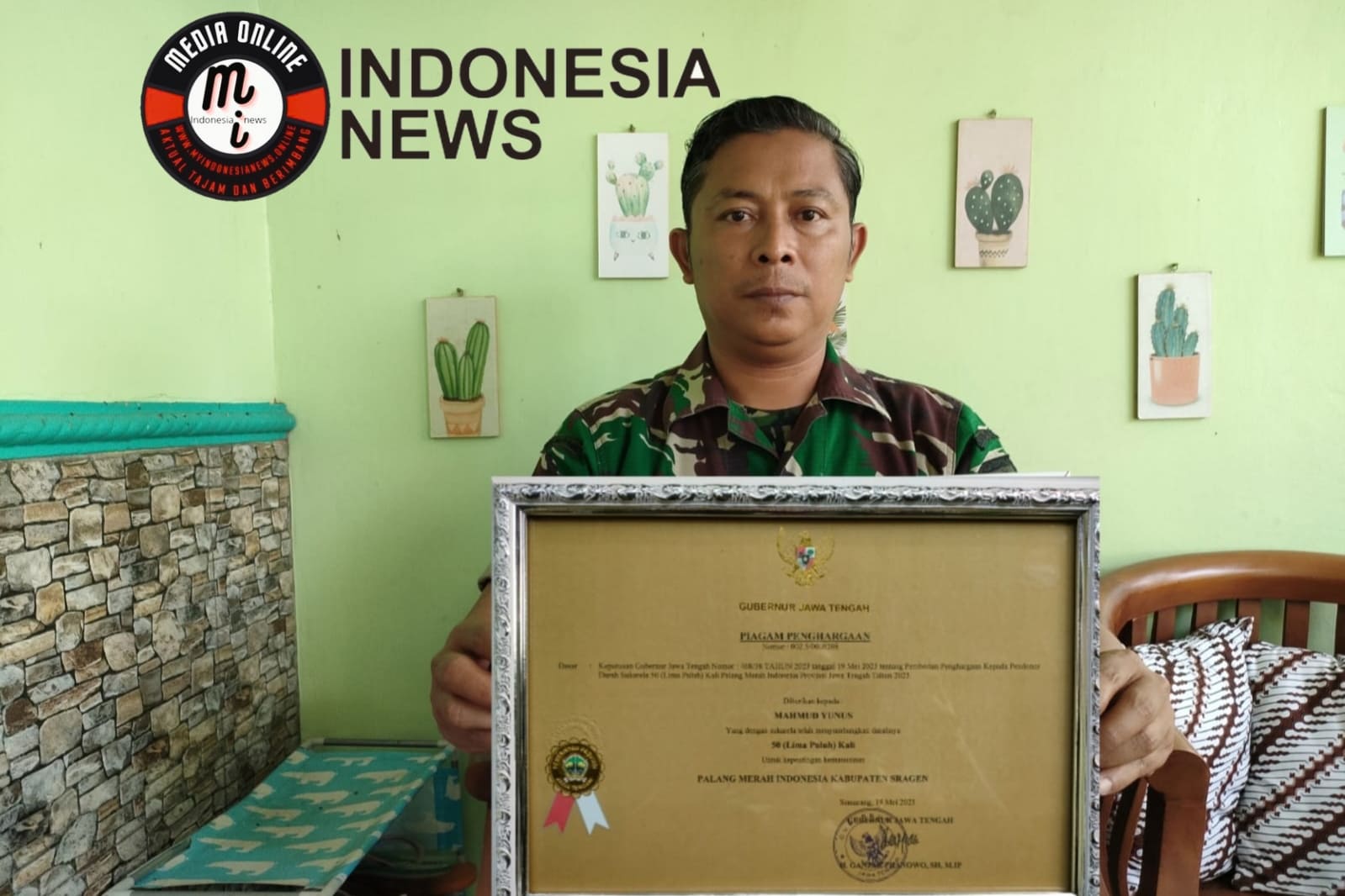 Prajurit TNI Sragen Dianugerahi Penghargaan Gubernur setelah Mendonorkan Darah 51 Kali